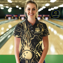 Load image into Gallery viewer, Black and Gold Camo Flame Bowling Polo, Quarter Zip Shirts For Women Custom Team Bowling Jerseys NQS11183