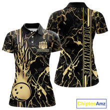 Load image into Gallery viewer, Black and Gold Camo Flame Bowling Polo, Quarter Zip Shirts For Women Custom Team Bowling Jerseys NQS11183