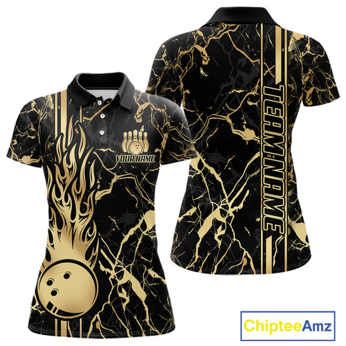 Black and Gold Camo Flame Bowling Polo, Quarter Zip Shirts For Women Custom Team Bowling Jerseys NQS11183