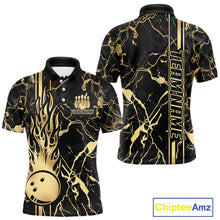 Load image into Gallery viewer, Black and Gold Camo Flame Bowling Polo, Quarter Zip Shirts For Men Custom Team Bowling Jerseys NQS11183