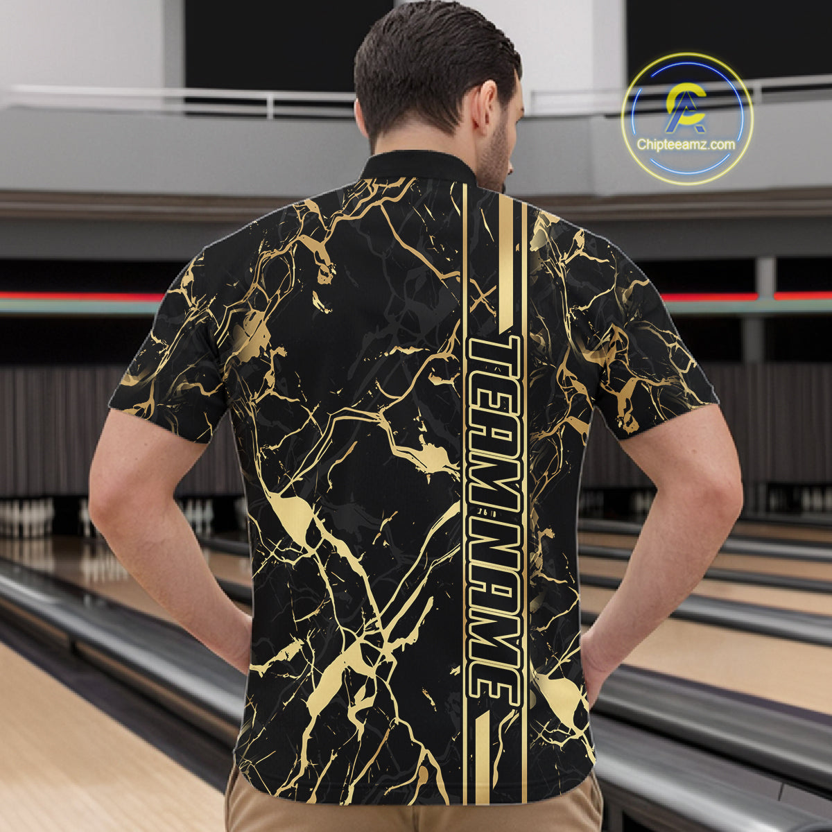 Black and Gold Camo Flame Bowling Polo, Quarter Zip Shirts For Men Custom Team Bowling Jerseys NQS11183