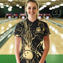 Load image into Gallery viewer, Black and Gold Camo Flame Bowling Polo, Quarter Zip Shirts For Women Custom Team Bowling Jerseys NQS11183
