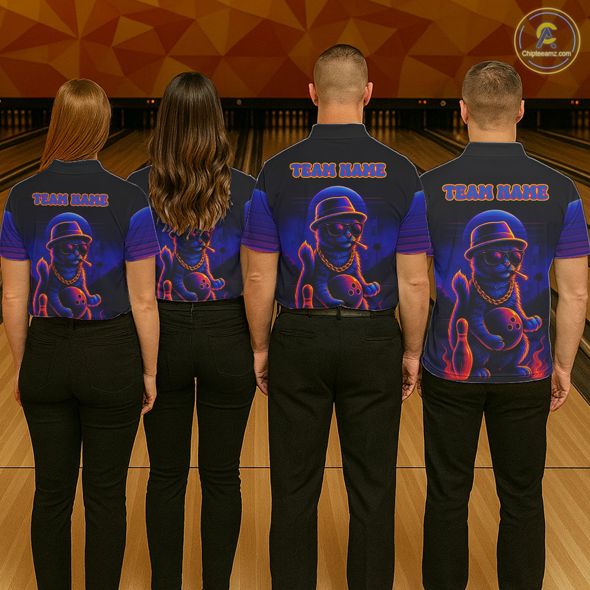 Custom Funny Cat Neon Bowling Jerseys for Women Bowling Uniform Polo & 1/4 Zip Bowling Team Shirts NQS11185