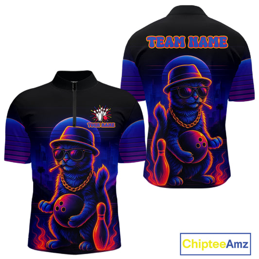 Custom Funny Cat Neon Bowling Jerseys for Men Bowling Uniform Polo & 1/4 Zip Bowling Team Shirts NQS11185