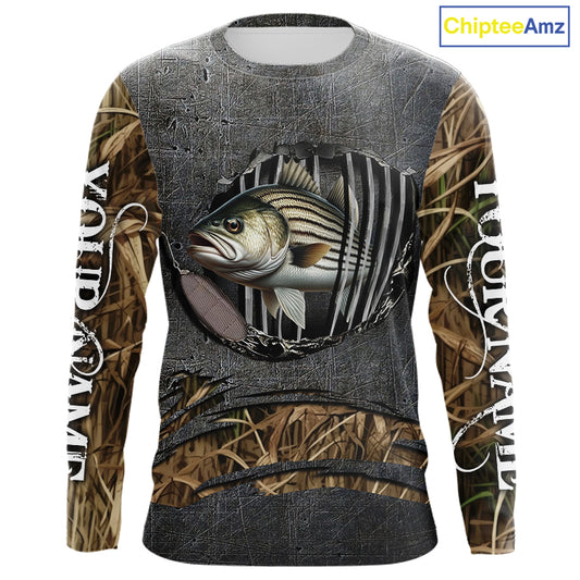Striped Bass fishing camo metal grunge pattern Custom striper fishing shirts fishing gifts NQS11371