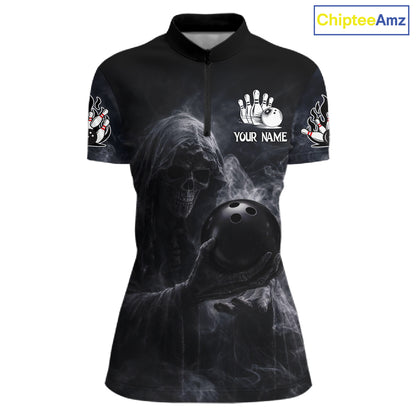 Custom Smoke Skull reaper Bowling Polo, 1/4 Zip Shirts for Women, Team bowling outfit Jerseys NQS11596