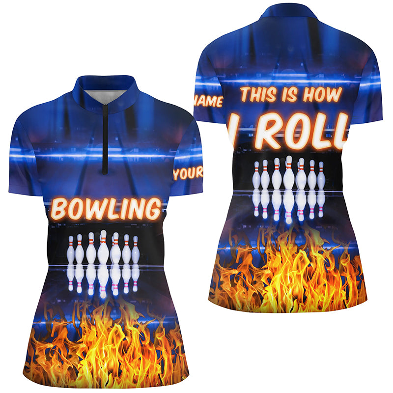 Custom blue bowling shirt for women – personalized team jersey front view