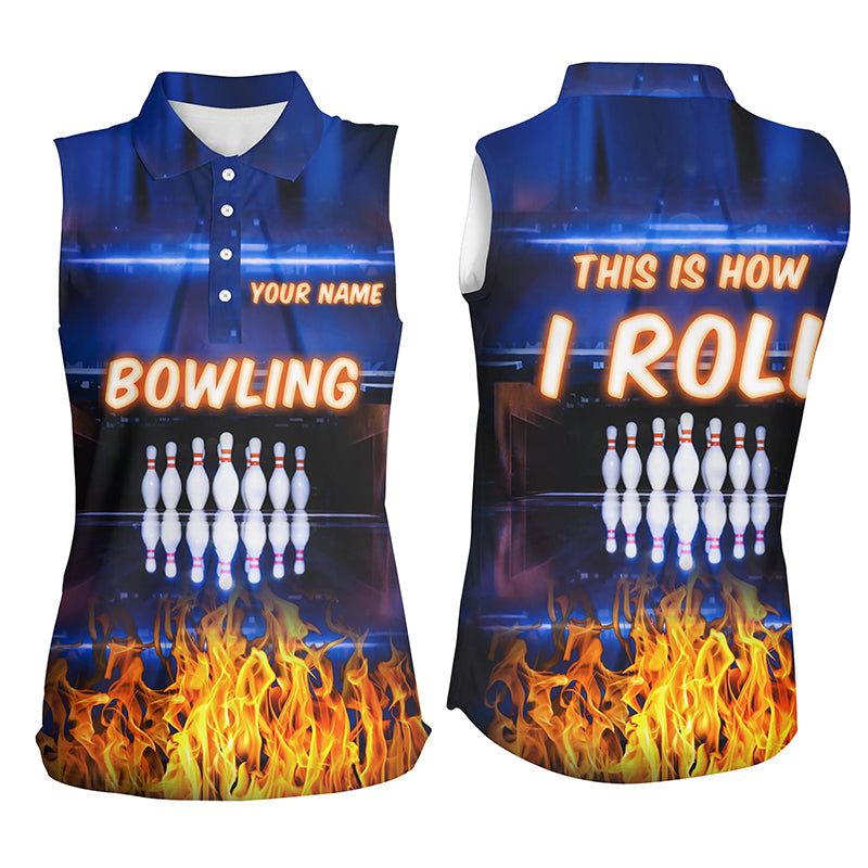 Custom blue sleeveless bowling shirt for women – personalized team jersey front view