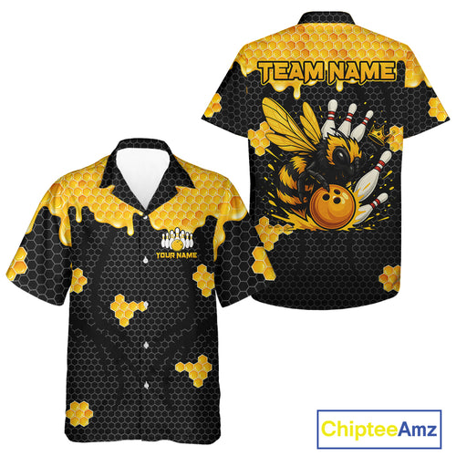 Custom Black and Yellow Honey Bee Bowling Hawaiian Shirt, Bee Bowling Team Bowlers Outfit NQS10376