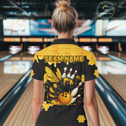 Custom Black and Yellow Honey Bee Bowling Shirts For Women, Bee Bowling Team Bowlers Outfit NQS10376