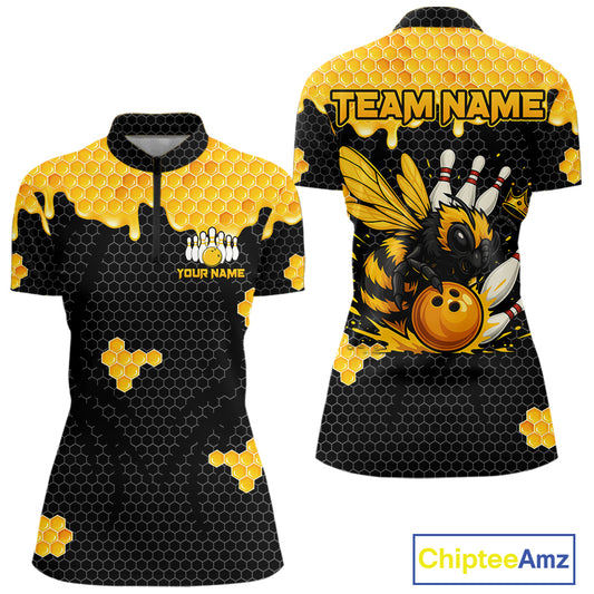 Custom Black and Yellow Honey Bee Bowling Shirts For Women, Bee Bowling Team Bowlers Outfit NQS10376