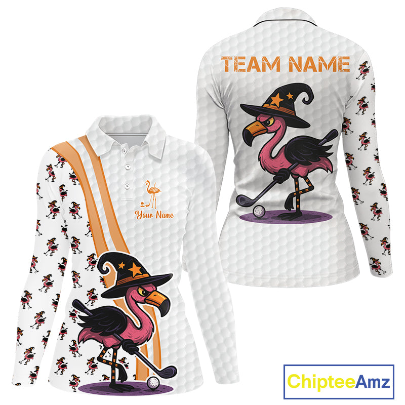 Funny Women golf polo shirt custom Halloween flamingo pattern white golf shirts NQS10377