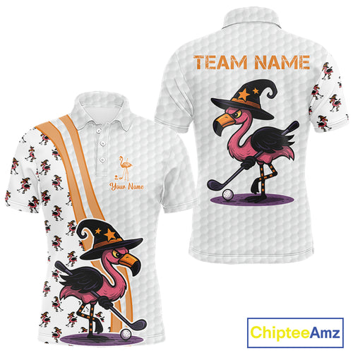 Funny Mens golf polo shirt custom Halloween flamingo pattern white golf shirts NQS10377
