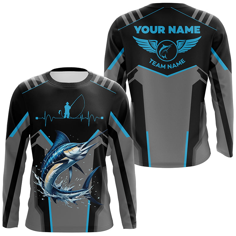 Personalized Black Marlin Fishing jerseys, Team Marlin Fishing Long Sleeve tournament shirts| Blue NQS6306