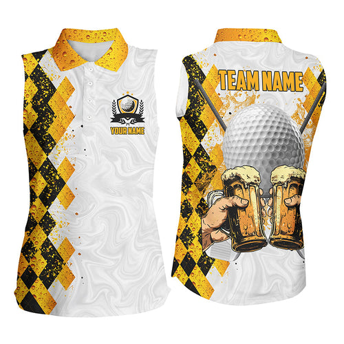 Golf and Beer argyle pattern Custom Women Sleeveless polo shirt, personalized golf gifts for women NQS8424