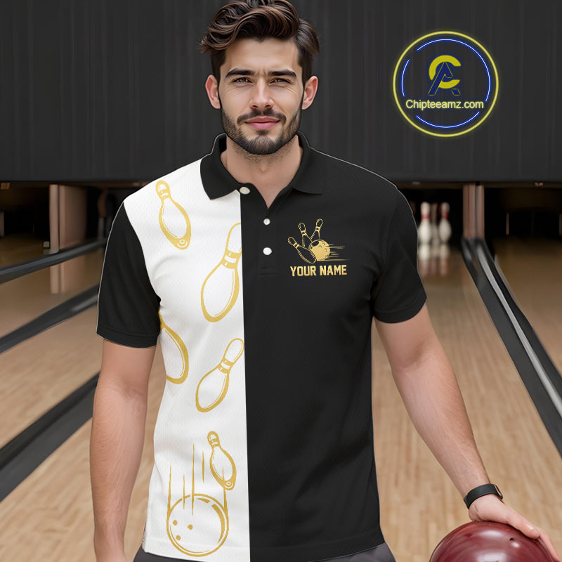 Black and white retro vintage Bowling polo, 1/4 Zip shirts for Men custom Bowling team jerseys | Gold NQS10808
