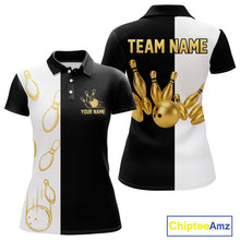 Load image into Gallery viewer, Black and white retro vintage Bowling polo, 1/4 Zip shirt for Women custom Bowling team jersey | Gold NQS10808