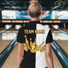 Load image into Gallery viewer, Black and white retro vintage Bowling polo, 1/4 Zip shirt for Women custom Bowling team jersey | Gold NQS10808