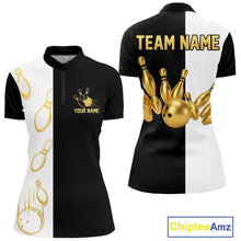 Load image into Gallery viewer, Black and white retro vintage Bowling polo, 1/4 Zip shirt for Women custom Bowling team jersey | Gold NQS10808