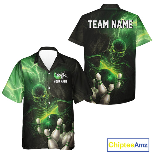 Black and green lightning skull Bowling Hawaiian Shirt custom Bowling team button up shirt NQS10809
