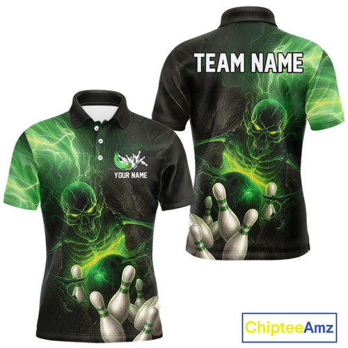 Black and green lightning skull Bowling polo, 1/4 Zip shirts for Men custom Bowling team Jersey NQS10809