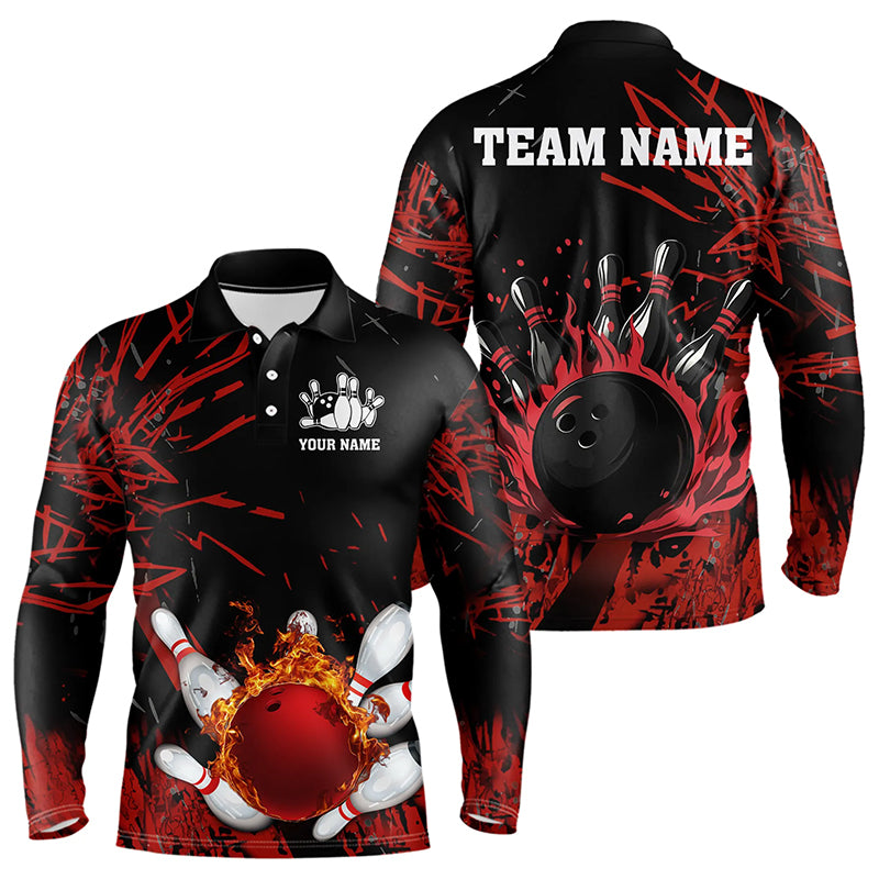 Black and Red Flame Bowling Polo, Quarter Zip Shirts for Men Custom Team mens bowling jersey NQS9313