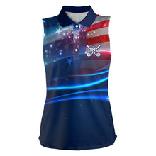 Load image into Gallery viewer, Blue Lights American Flag Womens sleeveless golf polo shirt, patriotic golf shirts for women NQS9316