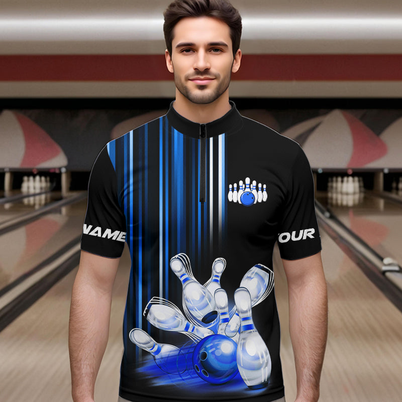 Black and blue light Men bowling Polo, Quarter Zip Shirt Custom bowling ball and pins Team jerseys NQS9829