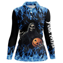 Load image into Gallery viewer, Blue flame Halloween Skull Bowling custom Women Bowling Polo, Quarter Zip Shirts, team bowling jerseys NQS8184