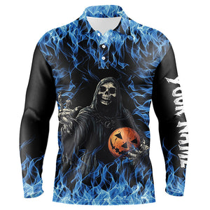 Blue flame Halloween Skull Bowling custom Mens Bowling Polo, Quarter Zip Shirts, team bowling jerseys NQS8184