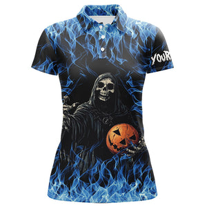 Blue flame Halloween Skull Bowling custom Women Bowling Polo, Quarter Zip Shirts, team bowling jerseys NQS8184