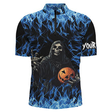 Load image into Gallery viewer, Blue flame Halloween Skull Bowling custom Mens Bowling Polo, Quarter Zip Shirts, team bowling jerseys NQS8184