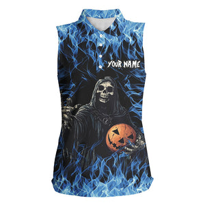 Blue flame Halloween Skull Bowling custom Women sleeveless Polo Shirt, team bowling jerseys NQS8184