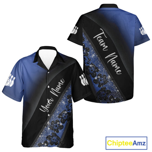 Black and Blue Glitter Flower Bowling Hawaiian shirt Custom Bowling Team Jerseys NQS10383