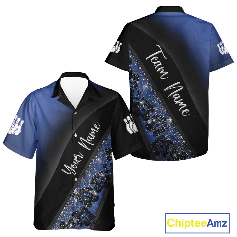 Black and Blue Glitter Flower Bowling Hawaiian shirt Custom Bowling Team Jerseys NQS10383