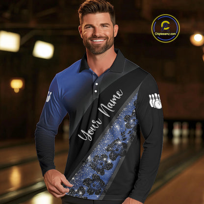 Black and Blue Glitter Flower Bowling Polo, Quarter Zip Shirt for Men Custom Bowling Team Jerseys NQS10383