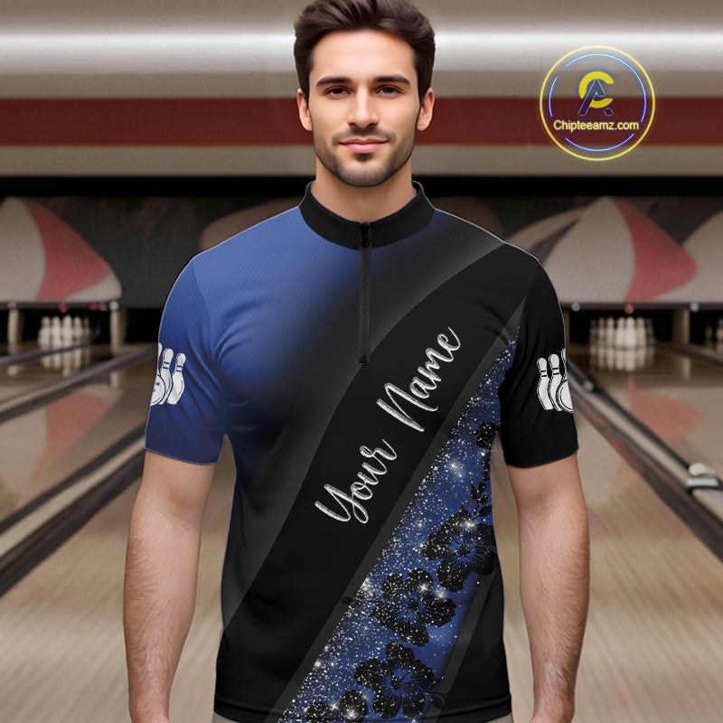Black and Blue Glitter Flower Bowling Polo, Quarter Zip Shirt for Men Custom Bowling Team Jerseys NQS10383