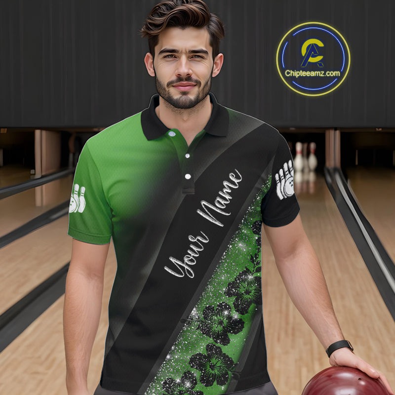 Black and Green Glitter Flower Bowling Polo, Quarter Zip Shirt for Men Custom Bowling Team Jerseys NQS10384