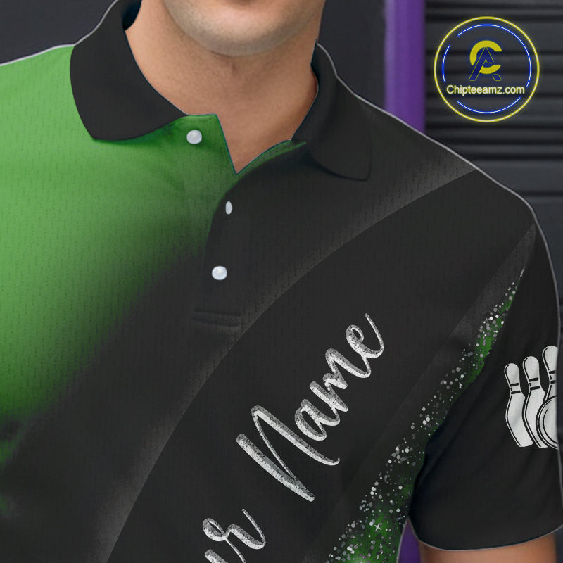 Black and Green Glitter Flower Bowling Polo, Quarter Zip Shirt for Men Custom Bowling Team Jerseys NQS10384