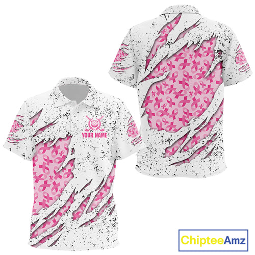 Pink ribbon white grunge pattern Kid golf polo shirt custom breast cancer awareness Kid golf top NQS10386