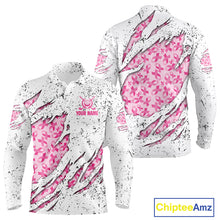 Load image into Gallery viewer, Pink ribbon white grunge pattern Mens golf polo shirt custom breast cancer awareness mens golf top NQS10386