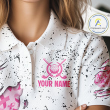 Load image into Gallery viewer, Pink ribbon white grunge pattern Women golf polo shirt custom breast cancer awareness ladies golf top NQS10386