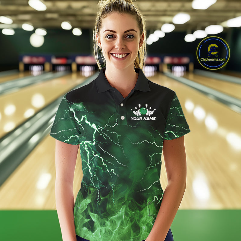 Women bowling shirts Custom green lightning thunder flame Bowling Team Jersey, gift for team Bowlers NQS10388