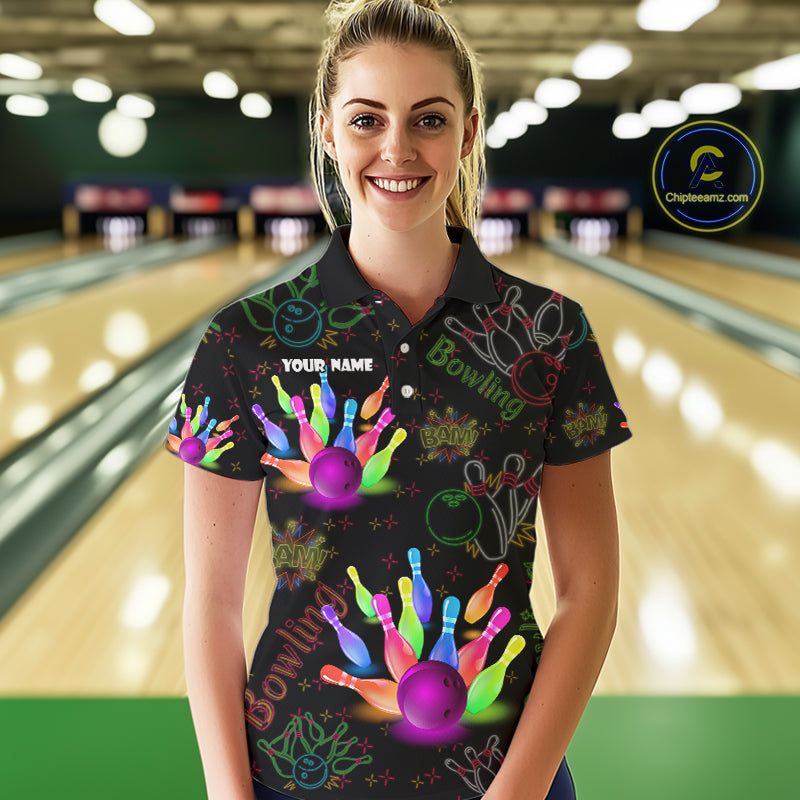 Colorful Neon Bowling shirts for Women custom black bowling shirts, team bowling jerseys ladies NQS10984