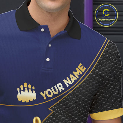 Blue and Gold Bowling shirts for men Custom Team Bowling Polo, 1/4 zip Shirt bowlers Outfit NQS10986