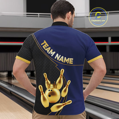 Blue and Gold Bowling shirts for men Custom Team Bowling Polo, 1/4 zip Shirt bowlers Outfit NQS10986