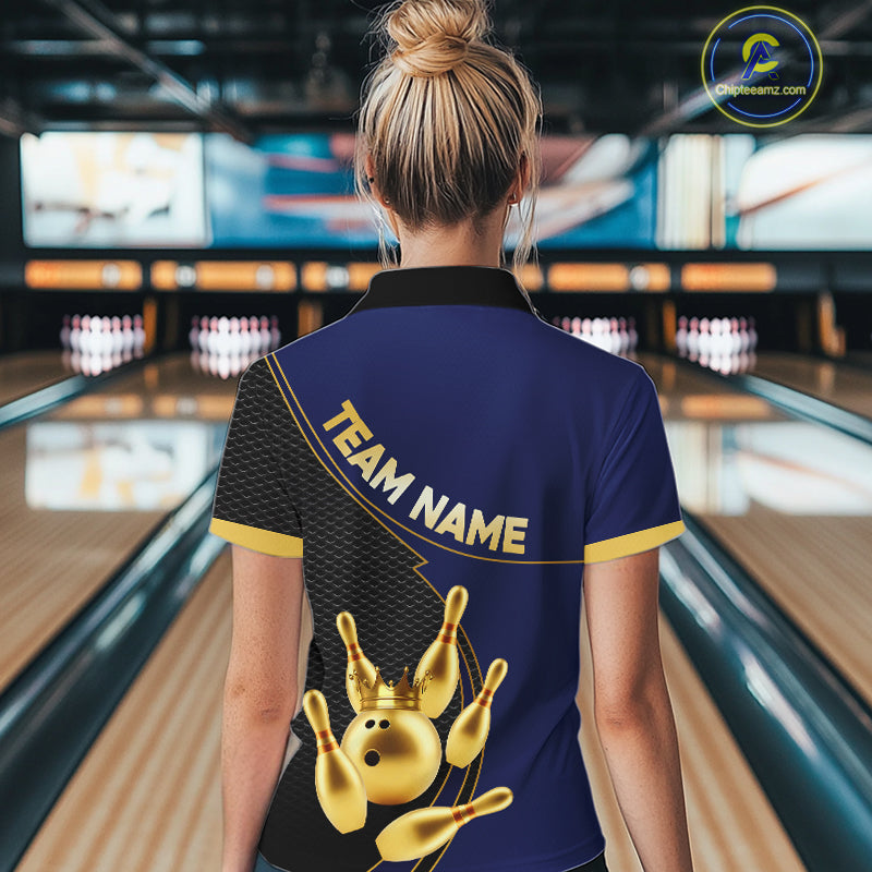 Blue and Gold Bowling shirts for Women Custom Team Bowling Polo, 1/4 zip Shirt bowlers Outfit NQS10986