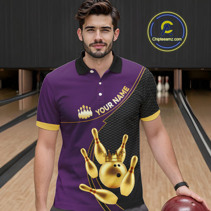 Purple and Gold Bowling shirts for men Custom Team Bowling Polo, 1/4 zip Shirt bowlers Outfit NQS10987