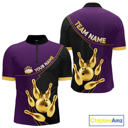 Purple and Gold Bowling shirts for men Custom Team Bowling Polo, 1/4 zip Shirt bowlers Outfit NQS10987