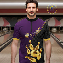 Load image into Gallery viewer, Purple and Gold Bowling shirts for men Custom Team Bowling Polo, 1/4 zip Shirt bowlers Outfit NQS10987